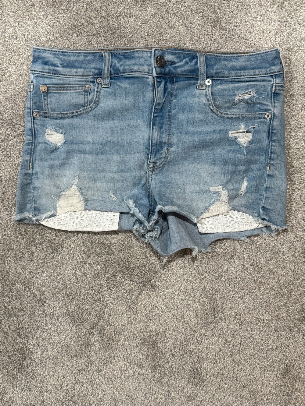 American Eagle Outfitters Light Blue Distressed Denim Shorts with Lace Insets